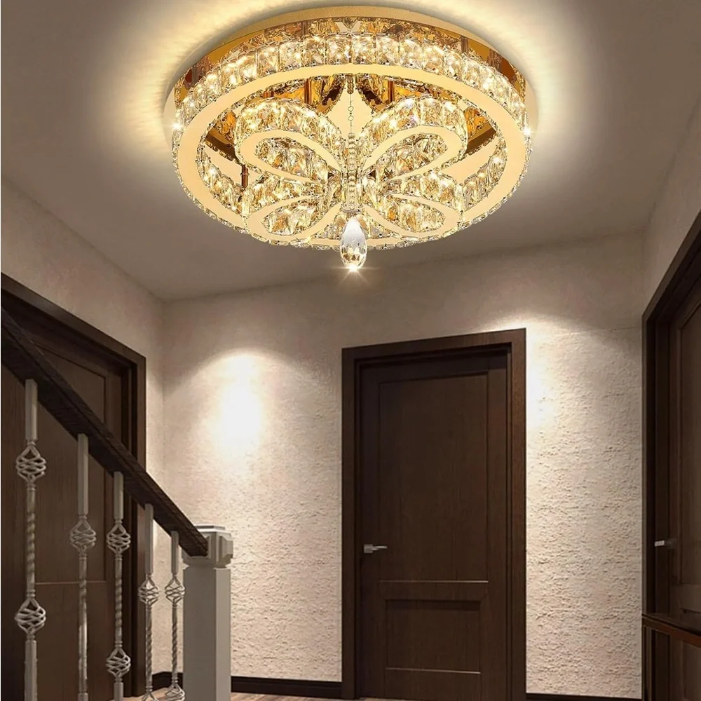 (NEW) Modern Gold Flush Crystal Flush Mount Ceiling Chandelier - 20”x10” - Picture 1 of 11
